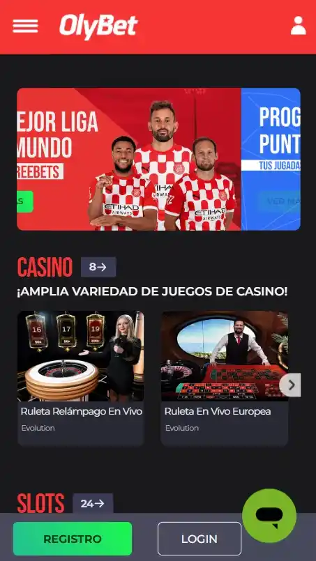Vista móvil de OlyBet con casino en vivo, ruleta y opciones de slots y apuestas