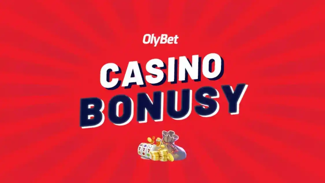 Texto OlyBet Casino Bonusy sobre fondo rojo con monedas y bolsa de premios